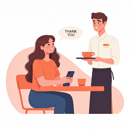 カフェで店員にありがとうと伝える女性のイラスト。